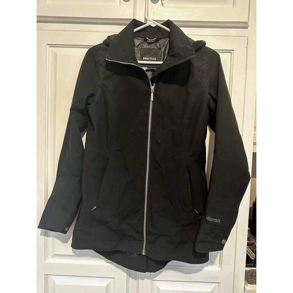 Marmot Womens Zippered High Neck Long Sleeved Hooded Rain Jacket Black Size XS